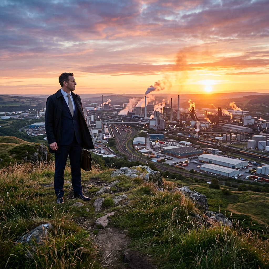 A businessman in a suit and coat holding a briefcase standing on a grassy hill with an industrial plant emitting smoke in the background under a colorful sunset sky