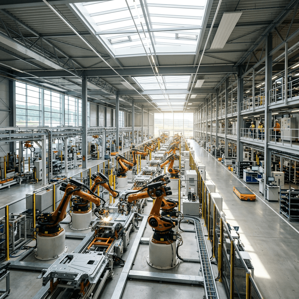 Robotic arms welding and assembling car frames in an automated factory