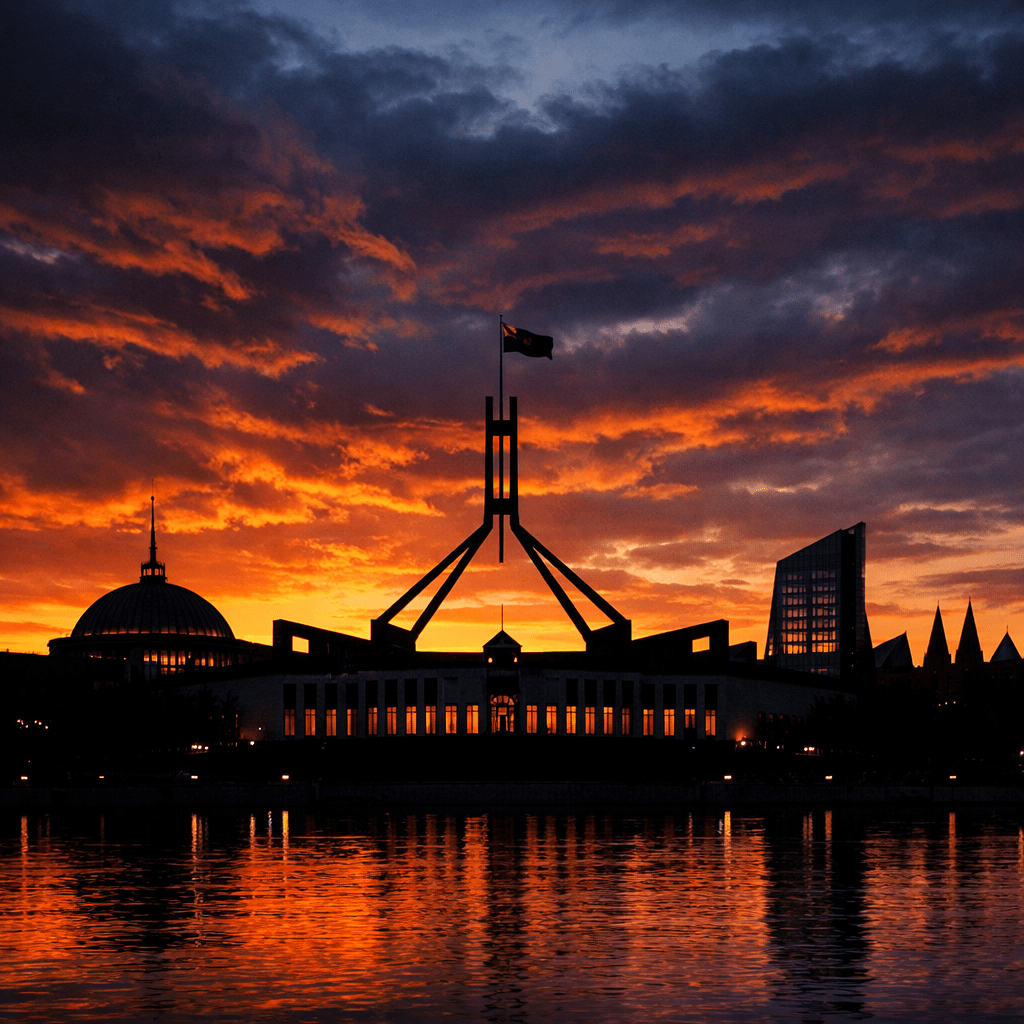 Silhouette of Australian Parliament House at sunset with vivid orange sky and water reflection