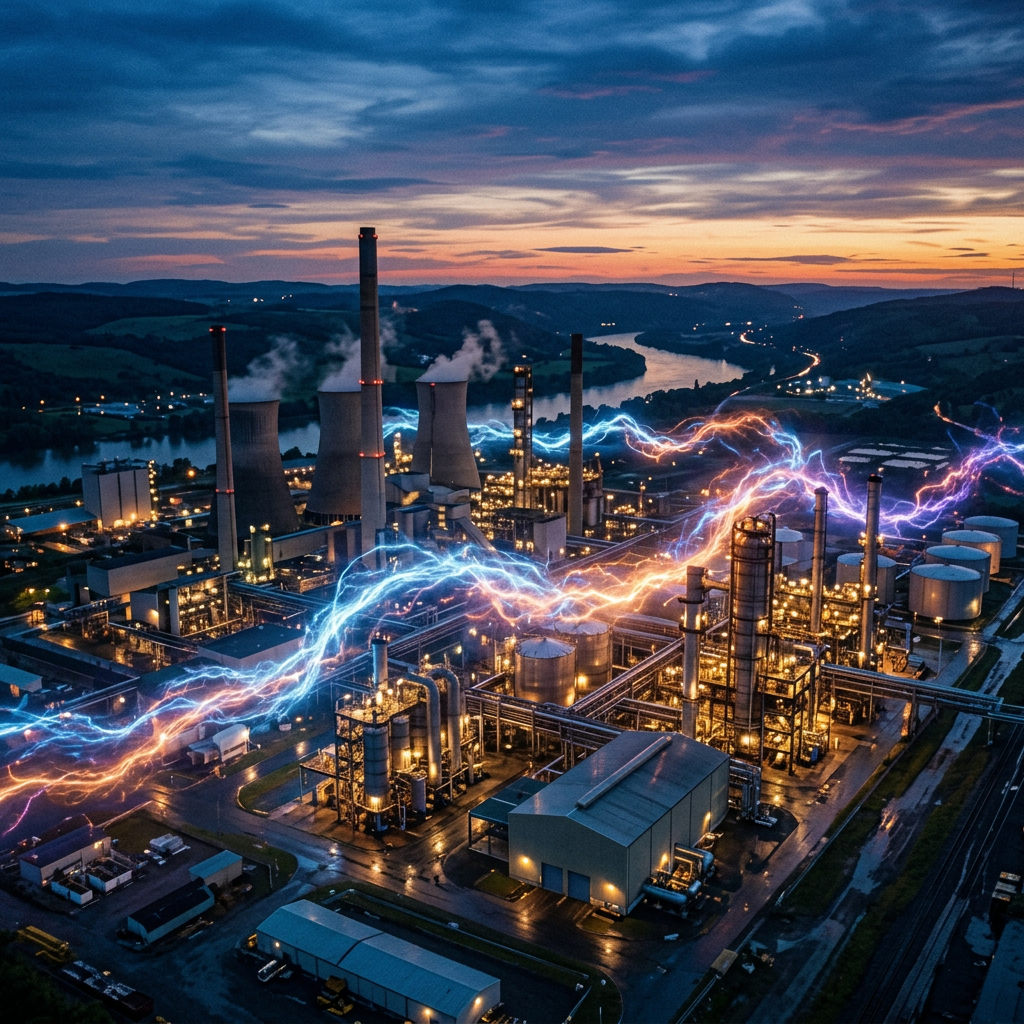 Industrial plant with chimneys and tanks at dusk featuring visual energy flow effects