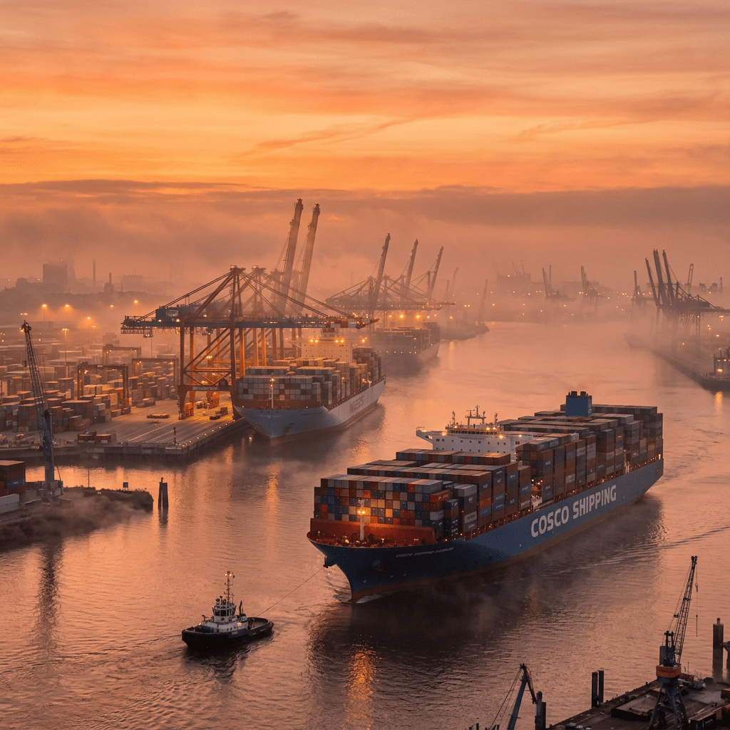 Container ship COSCO SHIPPING entering a port at sunrise with loading cranes and containers