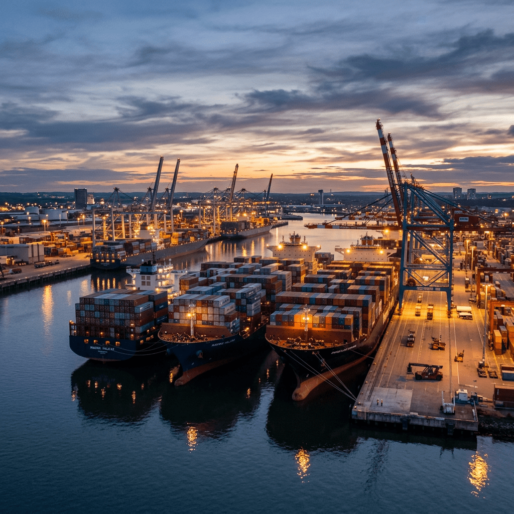 Three large container ships docked at a port with cranes and containers at sunset