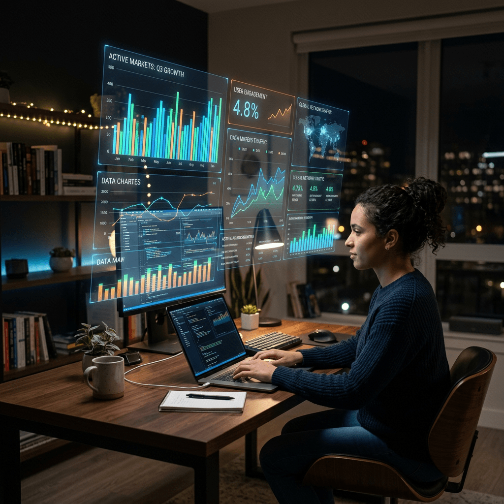 Woman working on laptop analyzing data visualizations with holographic charts and graphs