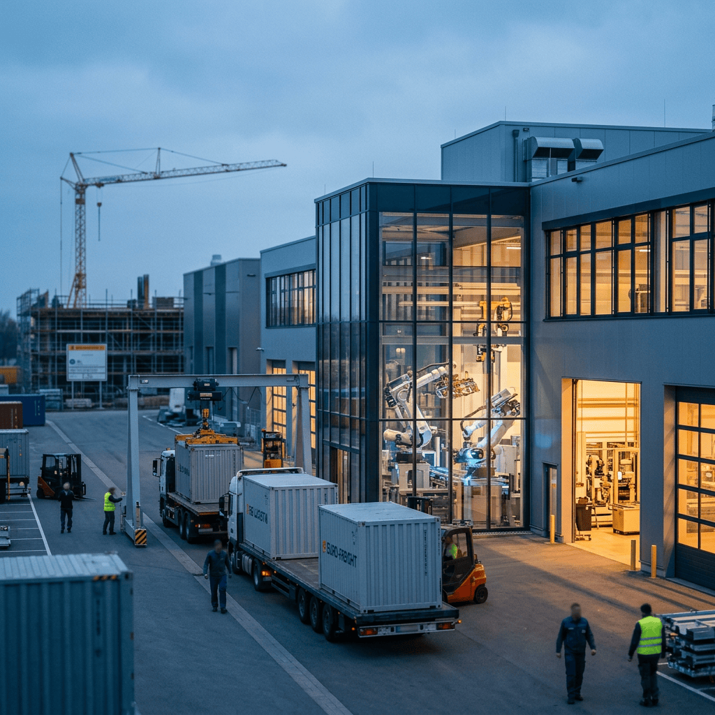 Robotic arms visible inside a modern industrial facility beside freight trucks