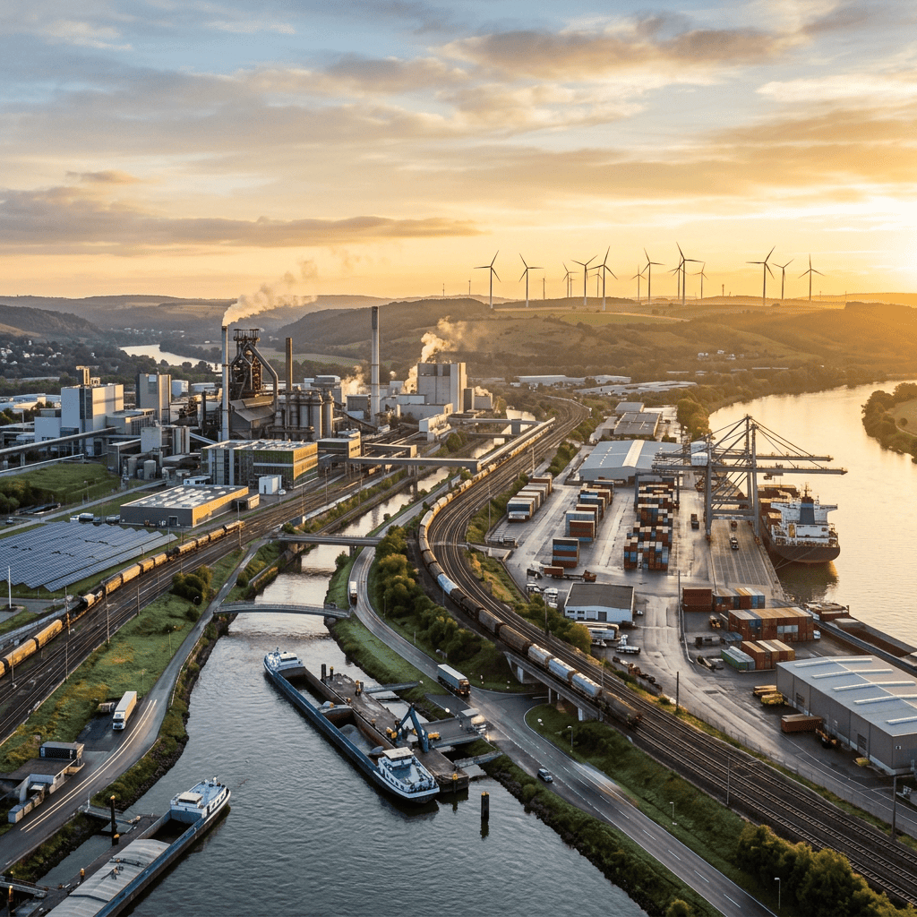 Industrial river port with freight trains, shipping cranes, solar panels, and wind turbines