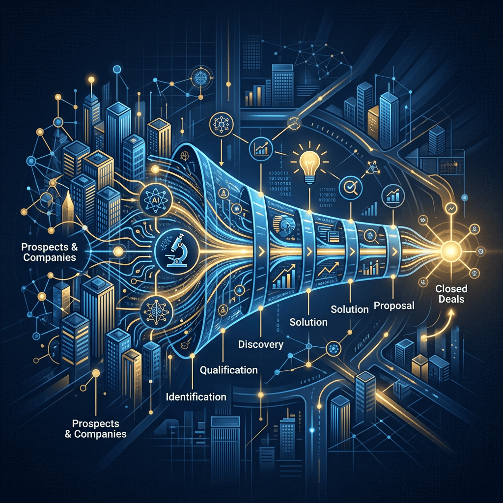 Sales pipeline labeled Prospects & Companies, Identification, Qualification, Discovery, Solution, Proposal, and Closed Deals